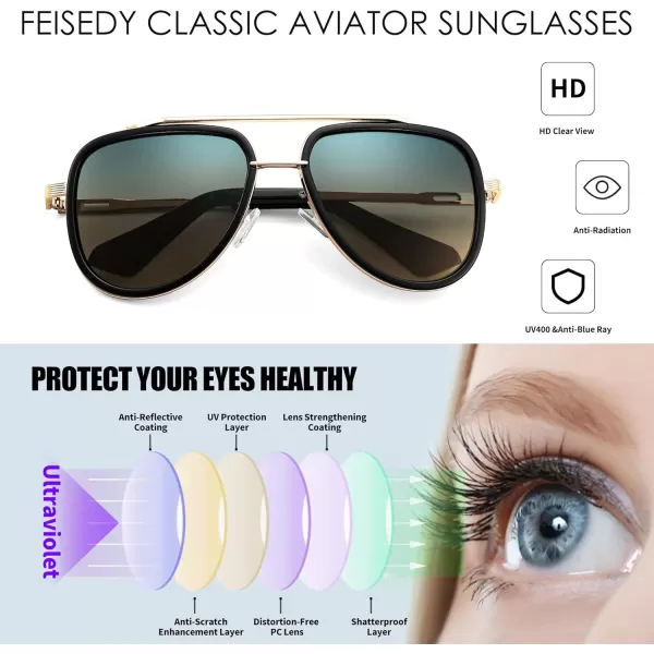 FEISEDY Sunglasses Men Aviator 70s Vintage Classic Square Frame UV400 Sun Glasses Driving Fishing Golf Hiking B0036Gradient Greenyellow Lenses 05
