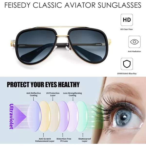 FEISEDY Sunglasses Men Aviator 70s Vintage Classic Square Frame UV400 Sun Glasses Driving Fishing Golf Hiking B0036Gradient Grey Lens 02
