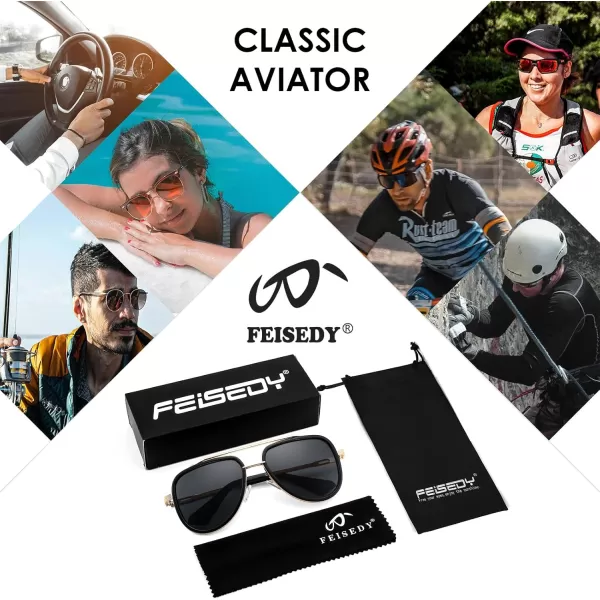 FEISEDY Sunglasses Men Aviator 70s Vintage Classic Square Frame UV400 Sun Glasses Driving Fishing Golf Hiking B0036Grey Lens 01