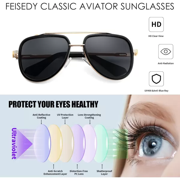 FEISEDY Sunglasses Men Aviator 70s Vintage Classic Square Frame UV400 Sun Glasses Driving Fishing Golf Hiking B0036Grey Lens 01