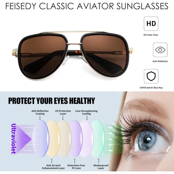FEISEDY Sunglasses Men Aviator 70s Vintage Classic Square Frame UV400 Sun Glasses Driving Fishing Golf Hiking B0036Tea Lens 03