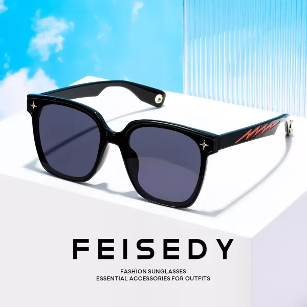 FEISEDY Trendy Oversized Sunglasses Women Shiny Square Vintage Cute Simple Men Sun Glasses UV400 B0131Black Frame  Grey Lens