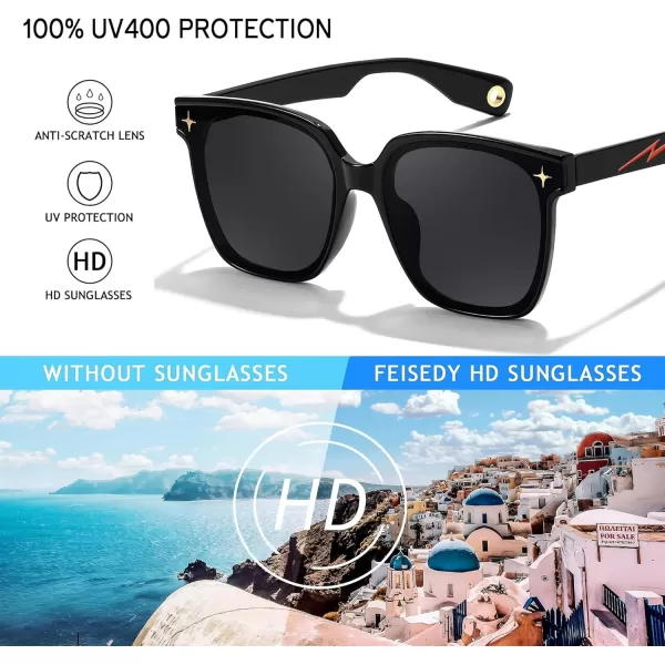 FEISEDY Trendy Oversized Sunglasses Women Shiny Square Vintage Cute Simple Men Sun Glasses UV400 B0131Black Frame  Grey Lens