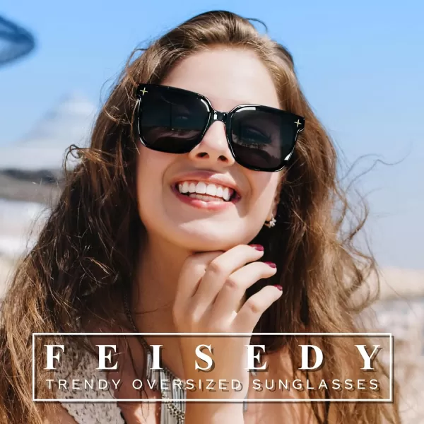 FEISEDY Trendy Oversized Sunglasses Women Shiny Square Vintage Cute Simple Men Sun Glasses UV400 B0131Black Frame  Grey Lens