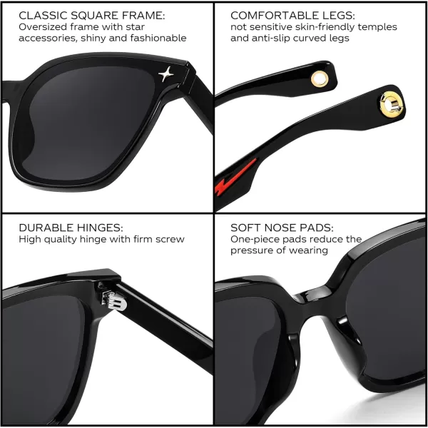 FEISEDY Trendy Oversized Sunglasses Women Shiny Square Vintage Cute Simple Men Sun Glasses UV400 B0131Black Frame  Grey Lens