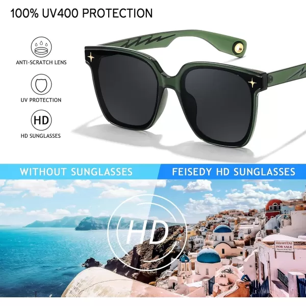 FEISEDY Trendy Oversized Sunglasses Women Shiny Square Vintage Cute Simple Men Sun Glasses UV400 B0131Dark Green Frame  Grey Lens