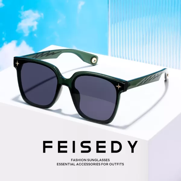 FEISEDY Trendy Oversized Sunglasses Women Shiny Square Vintage Cute Simple Men Sun Glasses UV400 B0131Dark Green Frame  Grey Lens
