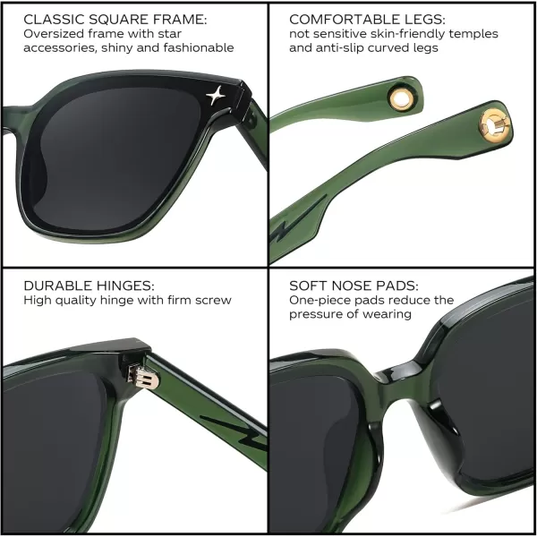 FEISEDY Trendy Oversized Sunglasses Women Shiny Square Vintage Cute Simple Men Sun Glasses UV400 B0131Dark Green Frame  Grey Lens