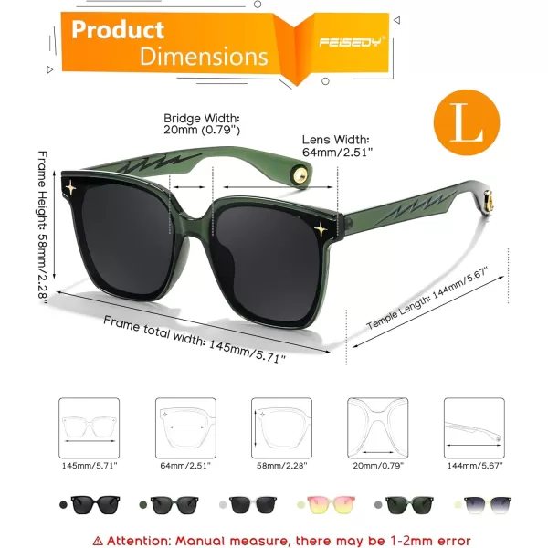 FEISEDY Trendy Oversized Sunglasses Women Shiny Square Vintage Cute Simple Men Sun Glasses UV400 B0131Dark Green Frame  Grey Lens
