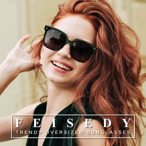 FEISEDY Trendy Oversized Sunglasses Women Shiny Square Vintage Cute Simple Men Sun Glasses UV400 B0131Dark Green Frame  Grey Lens