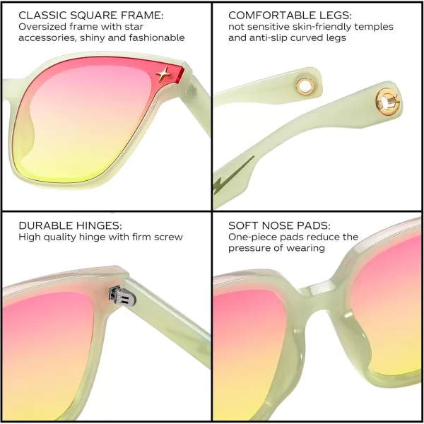 FEISEDY Trendy Oversized Sunglasses Women Shiny Square Vintage Cute Simple Men Sun Glasses UV400 B0131Transparent Light Green Frame  Pink Yellow Lens