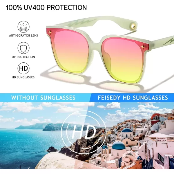 FEISEDY Trendy Oversized Sunglasses Women Shiny Square Vintage Cute Simple Men Sun Glasses UV400 B0131Transparent Light Green Frame  Pink Yellow Lens