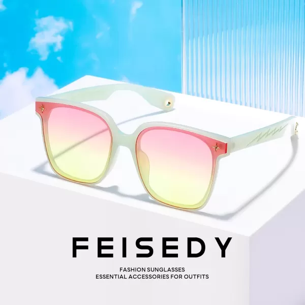 FEISEDY Trendy Oversized Sunglasses Women Shiny Square Vintage Cute Simple Men Sun Glasses UV400 B0131Transparent Light Green Frame  Pink Yellow Lens
