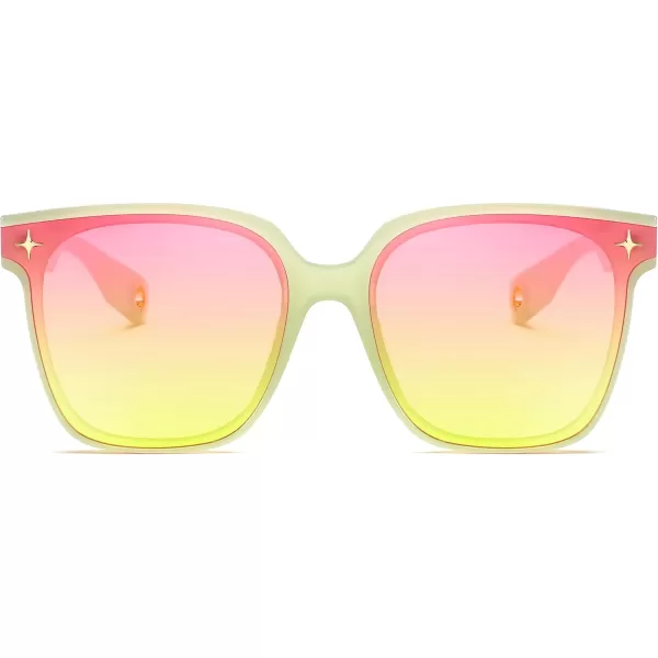 FEISEDY Trendy Oversized Sunglasses Women Shiny Square Vintage Cute Simple Men Sun Glasses UV400 B0131Transparent Light Green Frame  Pink Yellow Lens