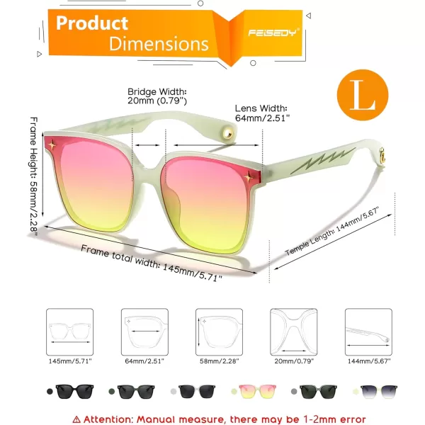 FEISEDY Trendy Oversized Sunglasses Women Shiny Square Vintage Cute Simple Men Sun Glasses UV400 B0131Transparent Light Green Frame  Pink Yellow Lens