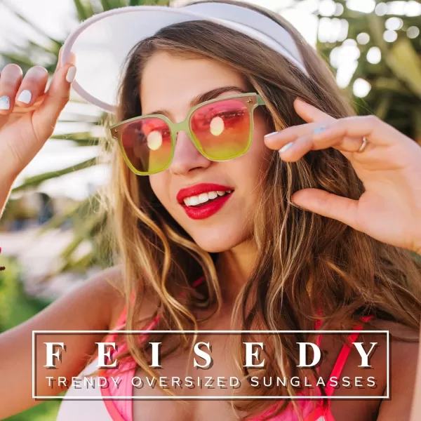 FEISEDY Trendy Oversized Sunglasses Women Shiny Square Vintage Cute Simple Men Sun Glasses UV400 B0131Transparent Light Green Frame  Pink Yellow Lens
