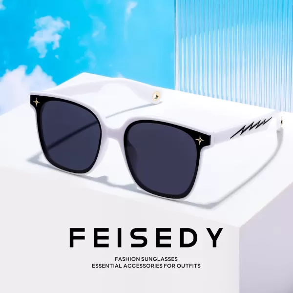 FEISEDY Trendy Oversized Sunglasses Women Shiny Square Vintage Cute Simple Men Sun Glasses UV400 B0131White Frame  Grey Lens