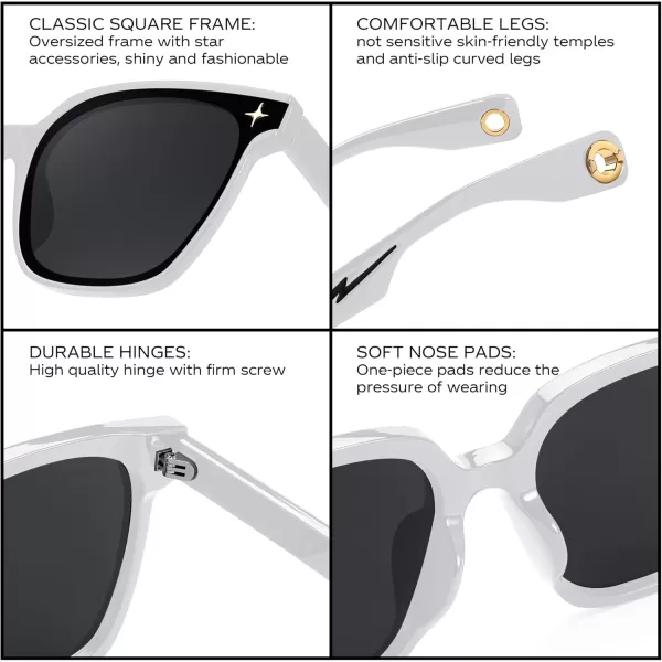 FEISEDY Trendy Oversized Sunglasses Women Shiny Square Vintage Cute Simple Men Sun Glasses UV400 B0131White Frame  Grey Lens