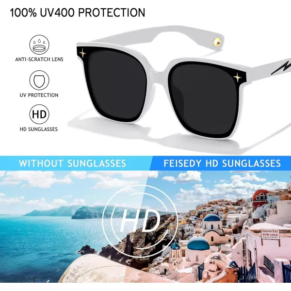 FEISEDY Trendy Oversized Sunglasses Women Shiny Square Vintage Cute Simple Men Sun Glasses UV400 B0131White Frame  Grey Lens