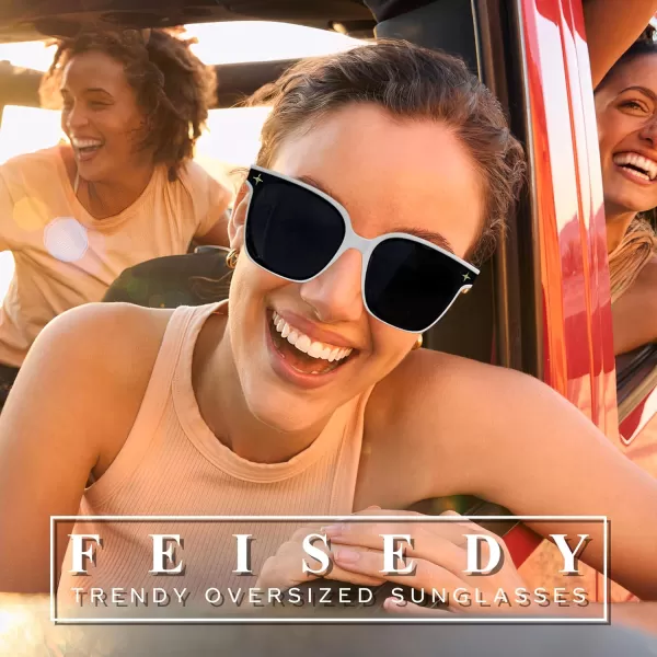 FEISEDY Trendy Oversized Sunglasses Women Shiny Square Vintage Cute Simple Men Sun Glasses UV400 B0131White Frame  Grey Lens