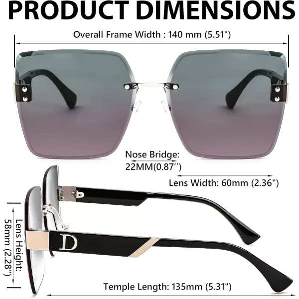 FEISEDY Trendy Square Rimless Sunglasses for Women Oversized Designer Style UV Protection Fashion Rectangle Glasses B9064Green Pink