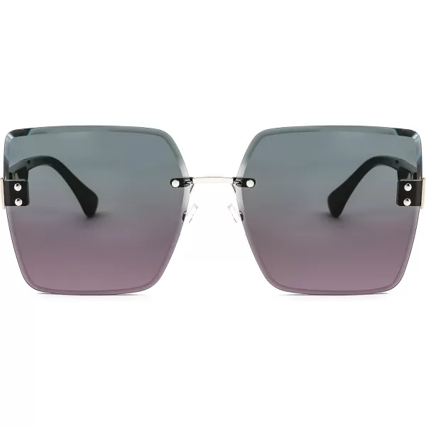 FEISEDY Trendy Square Rimless Sunglasses for Women Oversized Designer Style UV Protection Fashion Rectangle Glasses B9064Green Pink
