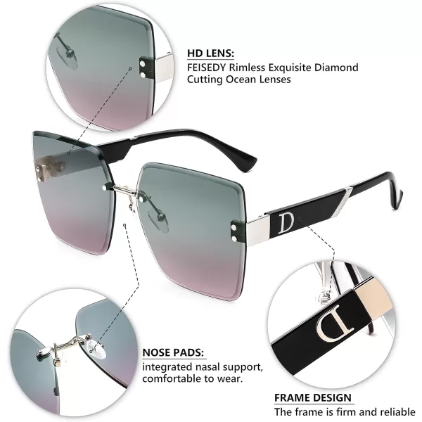 FEISEDY Trendy Square Rimless Sunglasses for Women Oversized Designer Style UV Protection Fashion Rectangle Glasses B9064Green Pink