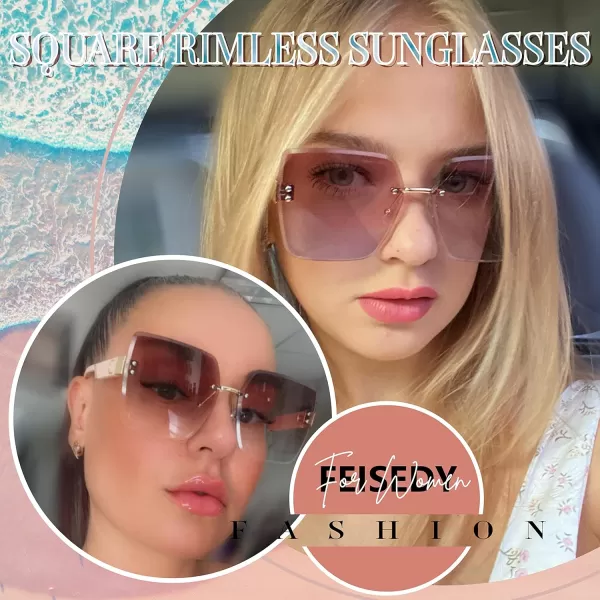 FEISEDY Trendy Square Rimless Sunglasses for Women Oversized Designer Style UV Protection Fashion Rectangle Glasses B9064Green Pink