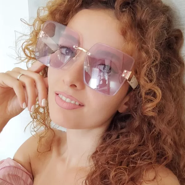 FEISEDY Trendy Square Rimless Sunglasses for Women Oversized Designer Style UV Protection Fashion Rectangle Glasses B9064Red Blue