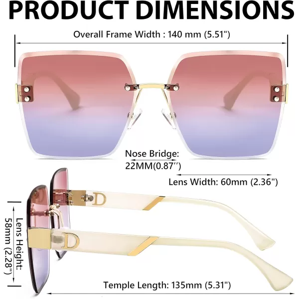 FEISEDY Trendy Square Rimless Sunglasses for Women Oversized Designer Style UV Protection Fashion Rectangle Glasses B9064Red Blue