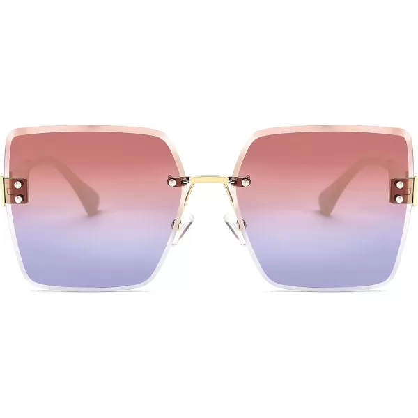 FEISEDY Trendy Square Rimless Sunglasses for Women Oversized Designer Style UV Protection Fashion Rectangle Glasses B9064Red Blue