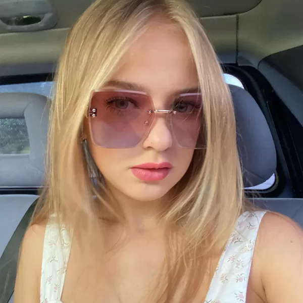 FEISEDY Trendy Square Rimless Sunglasses for Women Oversized Designer Style UV Protection Fashion Rectangle Glasses B9064Red Blue