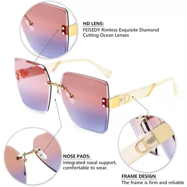 FEISEDY Trendy Square Rimless Sunglasses for Women Oversized Designer Style UV Protection Fashion Rectangle Glasses B9064Red Blue