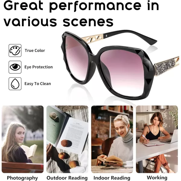 FEISEDY Women Square Reading Sunglasses Sparkling Composite Shiny Frame Sun Reader Glasses B2923Black