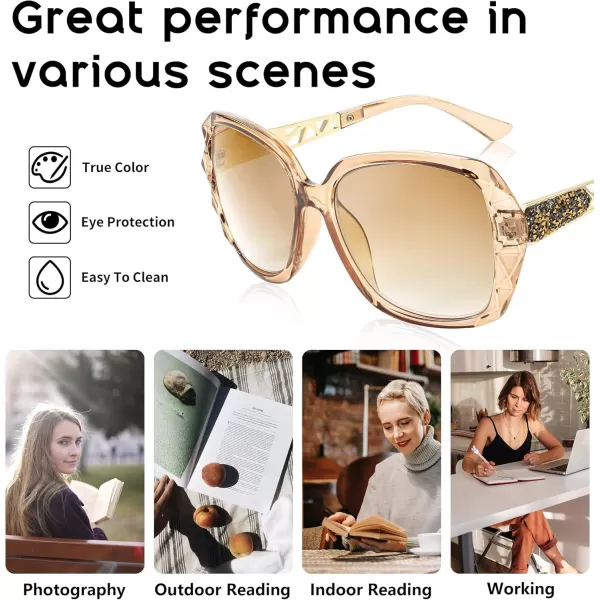 FEISEDY Women Square Reading Sunglasses Sparkling Composite Shiny Frame Sun Reader Glasses B2923Champagne