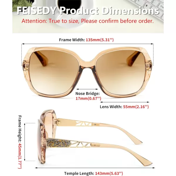FEISEDY Women Square Reading Sunglasses Sparkling Composite Shiny Frame Sun Reader Glasses B2923Champagne