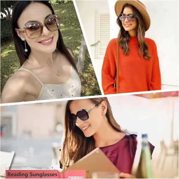 FEISEDY Women Square Reading Sunglasses Sparkling Composite Shiny Frame Sun Reader Glasses B2923Champagne