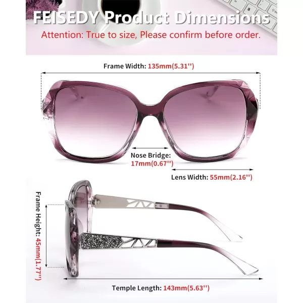 FEISEDY Women Square Reading Sunglasses Sparkling Composite Shiny Frame Sun Reader Glasses B2923Dark Rose Purple