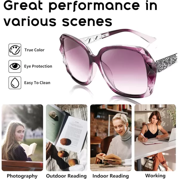 FEISEDY Women Square Reading Sunglasses Sparkling Composite Shiny Frame Sun Reader Glasses B2923Dark Rose Purple
