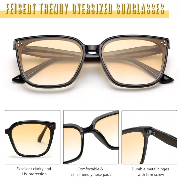 FEISEDY Women Trendy Square Sunglasses Oversized Vintage Cute Classic Simple Men Sun Glasses UV400 B0118Black Frame  Gradual Setting Sun Lens