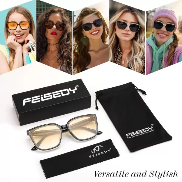 FEISEDY Women Trendy Square Sunglasses Oversized Vintage Cute Classic Simple Men Sun Glasses UV400 B0118Black Frame  Gradual Setting Sun Lens