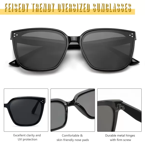 FEISEDY Women Trendy Square Sunglasses Oversized Vintage Cute Classic Simple Men Sun Glasses UV400 B0118Black Frame  Grey Lens