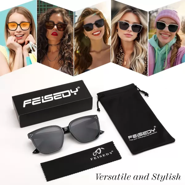 FEISEDY Women Trendy Square Sunglasses Oversized Vintage Cute Classic Simple Men Sun Glasses UV400 B0118Black Frame  Grey Lens