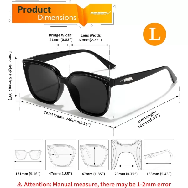 FEISEDY Women Trendy Square Sunglasses Oversized Vintage Cute Classic Simple Men Sun Glasses UV400 B0118Black Frame  Grey Lens