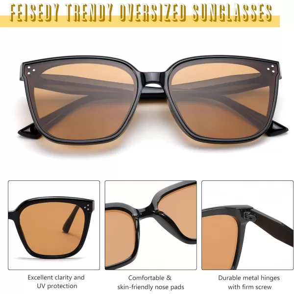 FEISEDY Women Trendy Square Sunglasses Oversized Vintage Cute Classic Simple Men Sun Glasses UV400 B0118Black Frame  Tea Lens
