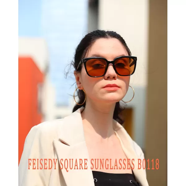FEISEDY Women Trendy Square Sunglasses Oversized Vintage Cute Classic Simple Men Sun Glasses UV400 B0118Black Frame  Tea Lens