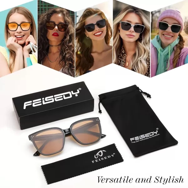 FEISEDY Women Trendy Square Sunglasses Oversized Vintage Cute Classic Simple Men Sun Glasses UV400 B0118Black Frame  Tea Lens