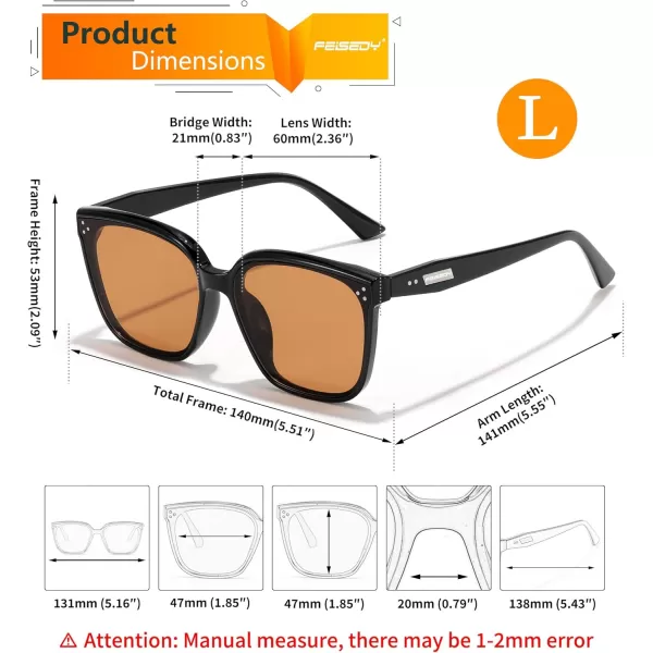 FEISEDY Women Trendy Square Sunglasses Oversized Vintage Cute Classic Simple Men Sun Glasses UV400 B0118Black Frame  Tea Lens