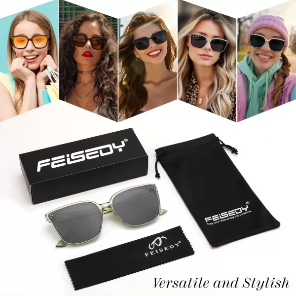 FEISEDY Women Trendy Square Sunglasses Oversized Vintage Cute Classic Simple Men Sun Glasses UV400 B0118Transparent Green Frame  Grey Lens
