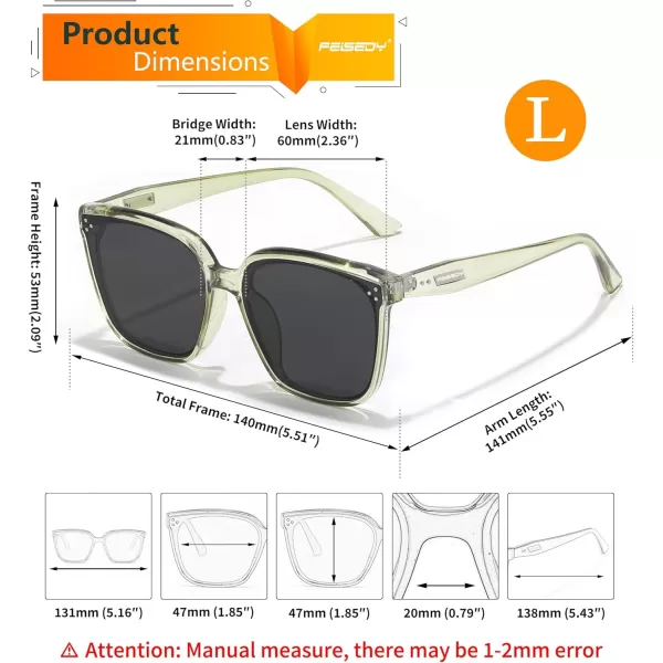 FEISEDY Women Trendy Square Sunglasses Oversized Vintage Cute Classic Simple Men Sun Glasses UV400 B0118Transparent Green Frame  Grey Lens